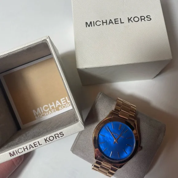 New Michael Kors Rose Gold Watch with Blue Dial - Picture 1 of 3
